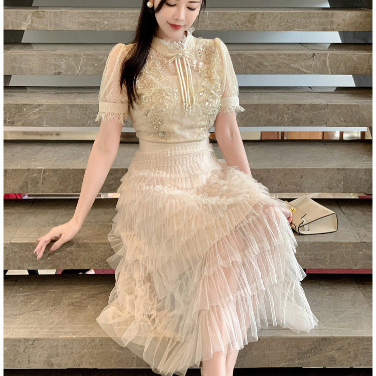 Lace Mesh A Line Dress Elegant High Collar Short Sleeve Slim Fit Summer Cocktail or Party Wear OEM Available