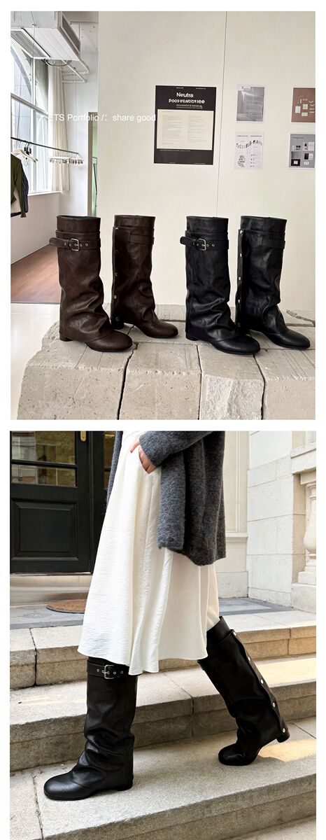 Boot nữ cổ cao gót thô 5.5cm, ống rời tháo được hai kiểu, khóa thắt lưng, mũi vuông — màu đen, Màu nâu đậm