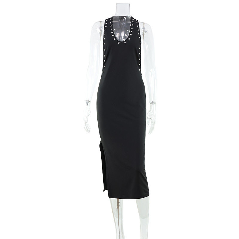 American Style Sleeveless Bodycon Dress High Elasticity Cut Out Back U Neck Slim Fit Solid Color Perfect for