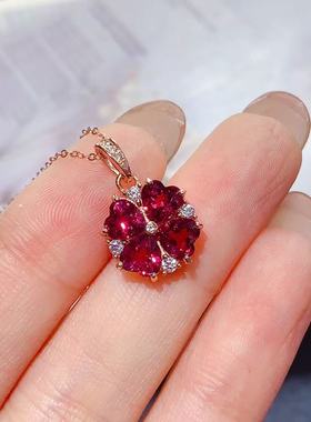 S925纯银镶天然镁铝石榴石吊坠爱心四叶草简约百搭级感彩锁骨