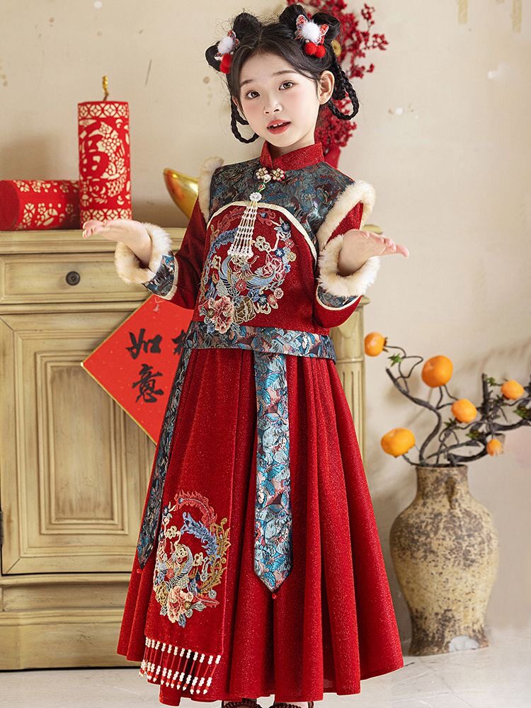 Girls Dress Autumn and Winter Wedding Little Girl Burgundy New Year's  Greetings Dress Piano Performance Birthday Performance Host Chinese Style |  MoveOn | Connecting Cross-Border Trade