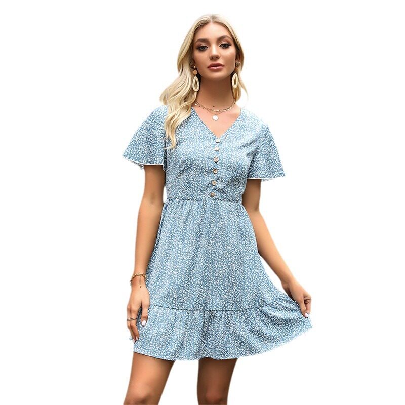 Floral Print Summer Dress Blue V Neck Short Sleeve Loose Fit Pleated Casual Wear Wholesale Available