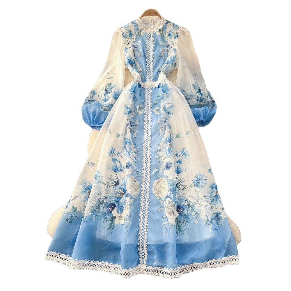 French Vintage Floral Print Dress Long Sleeve Slim Fit A Line Silhouette Romantic Spring Vacation Style Wholesale