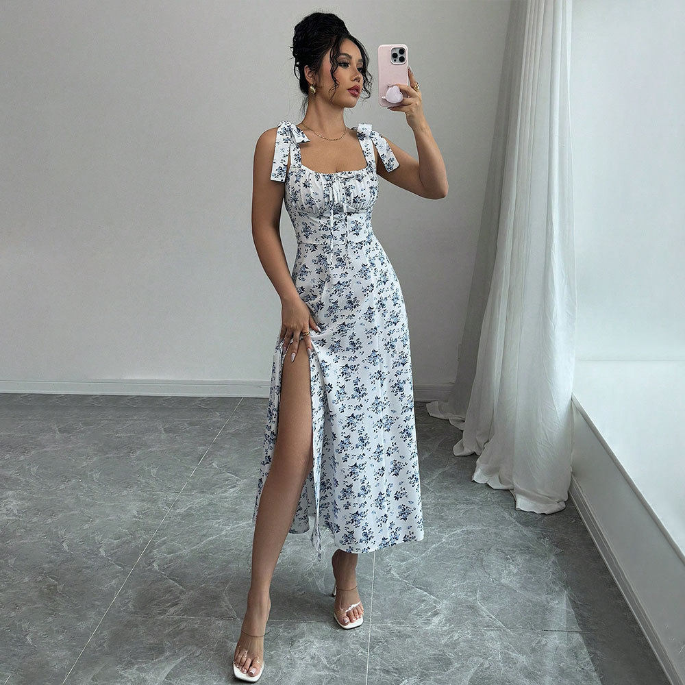 Sweet Floral Print Maxi Dress Square Neck Sleeveless High Slit Summer Casual Wear Wholesale Available