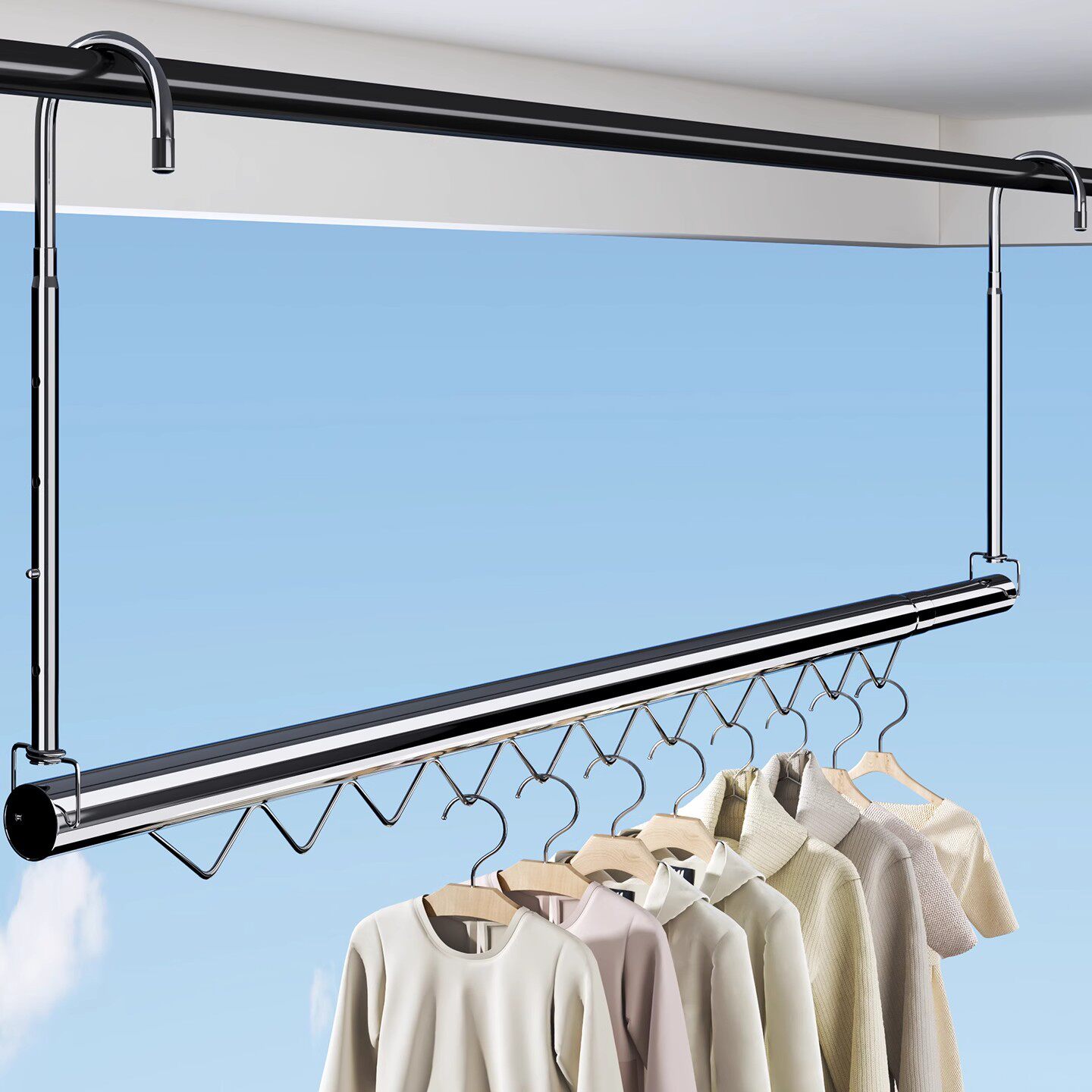 Adjustable Stainless Steel Telescopic Clothes Drying Rack for Home Balcony, No Drilling Required, Suitable for Drying Quilts and Bed Sheets