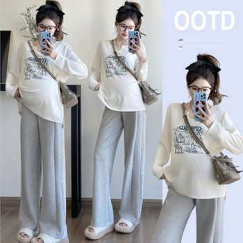 Maternity Jacket Spring 2025 Spring and Autumn New Western Style Pregnant Belly Covering Loose Long Sleeve T-shirt Women's plus size Base Shirt