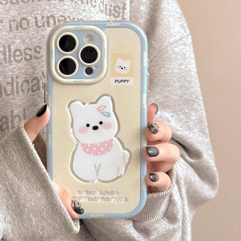 Japanese and Korean Yellow Background West Highland Puppy Iphone15/16 Apple 17Promax Mobile Phone Case 14/13 Feather Yarn Cream