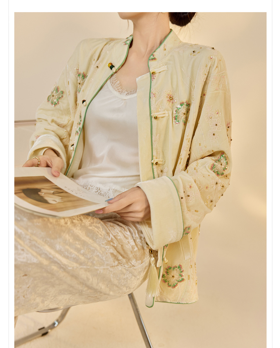 Áo khoác dạ nữ thêu cườm cổ đứng dáng suông — mơ, Mơ [phiên bản cotton]