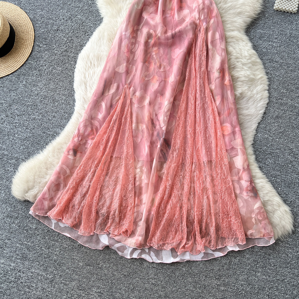 French Vacation Style Pink Floral Maxi Dress for Women High Waist Sleeveless Slim Fit Elegant Summer Wear