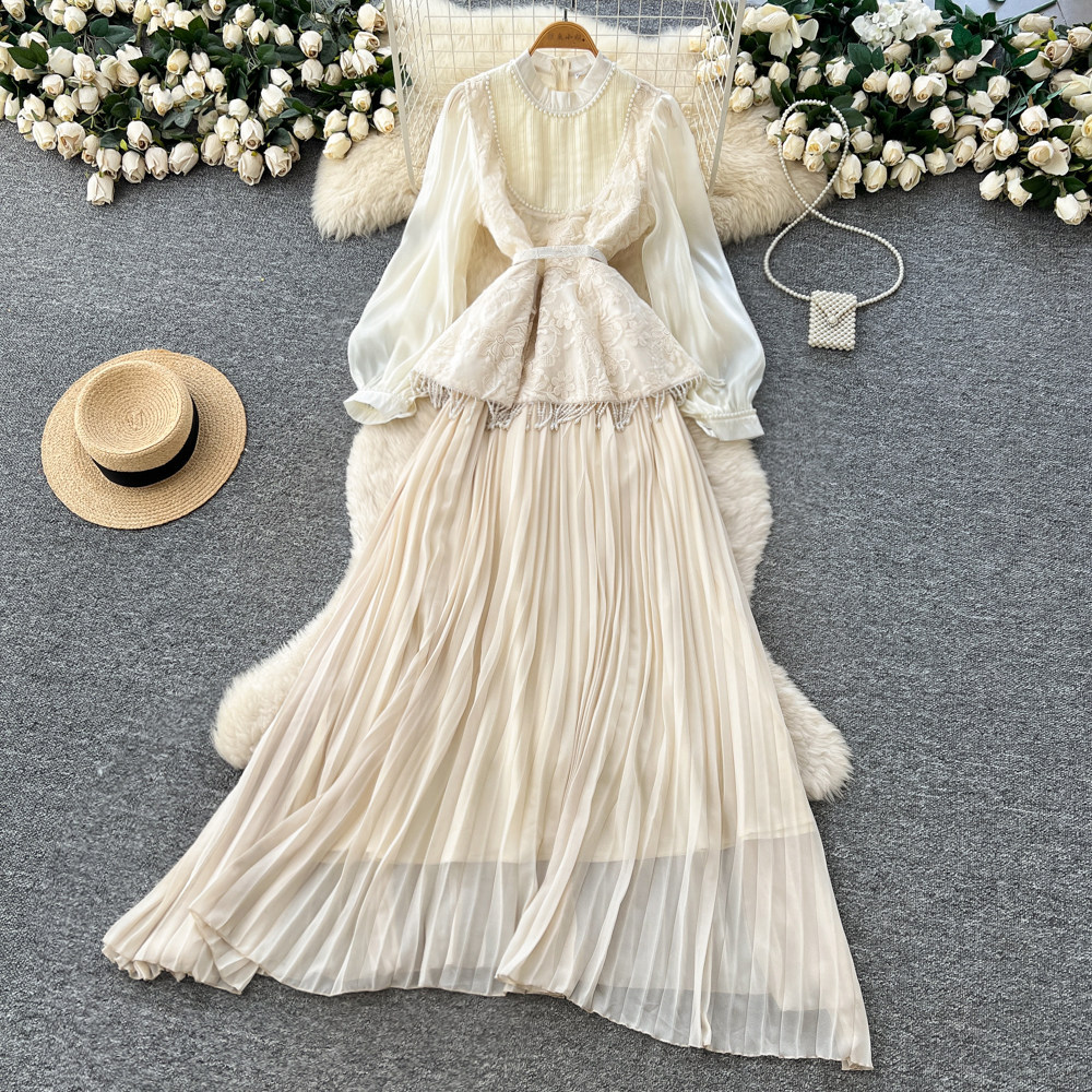 French Style High End Beaded Lantern Sleeve Tassel Dress Waist Tie A Line Silhouette Elegant for Office Wear