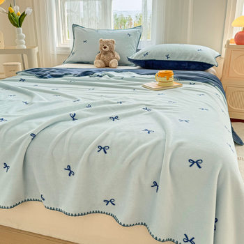 Lilac Bow Milk Fleece Blanket Princess Style Knitted Edge Double-sided Fleece Blanket Fresh Style Sofa Blanket