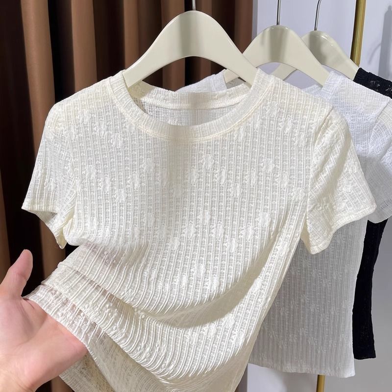 Lace Short Sleeve Womens T Shirt Lightweight Round Neck Sheer Fabric Stylish Summer Layering Top Wholesale