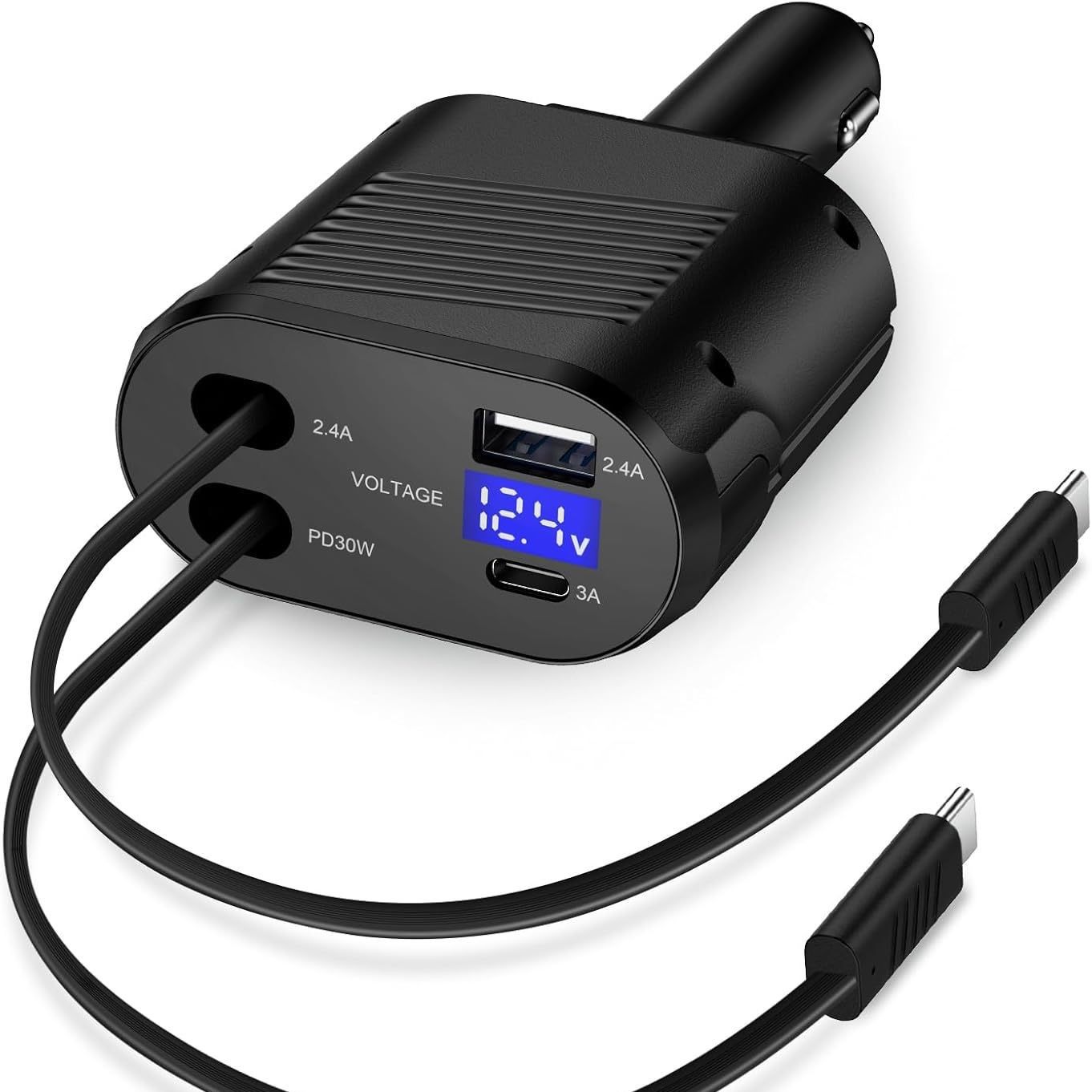 New Private Model Car Charger with Built-In Retractable Cable, 120W Fast Charging, 4-in-1 Adapter, High Current for Car Use