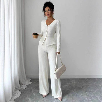 2025 New Autumn and Winter Casual Sports Suit, Lazy Style Slim Sweater, High Waist Knitted Wide Leg Pants Two-Piece Suit