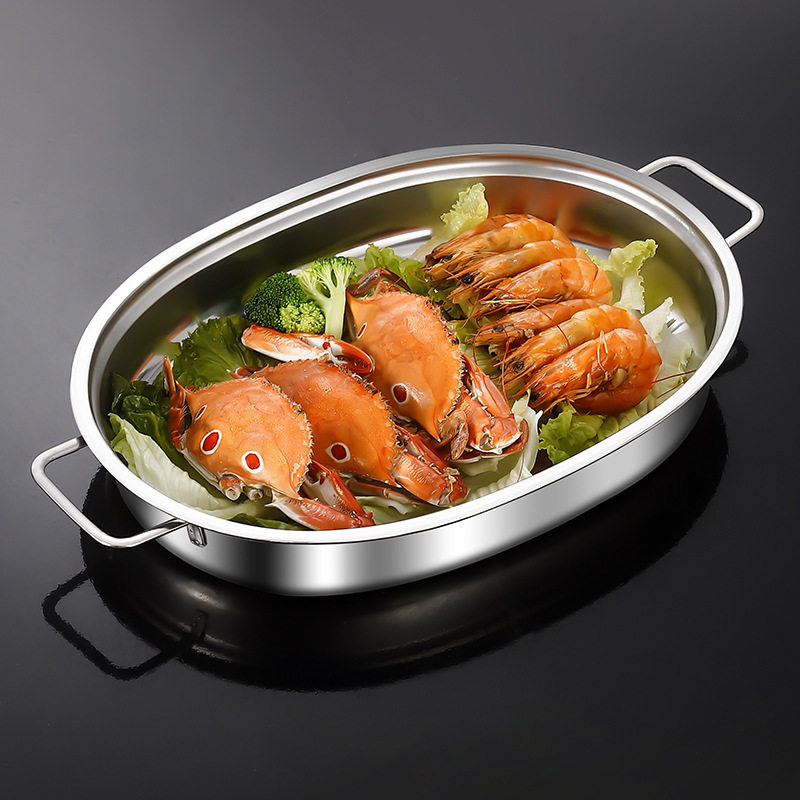Stainless Steel Oval Grilled Fish Plate with Pot Ear Soup Pot Household Commercial Outdoor Stall Stall Hot Pot Grill Plate