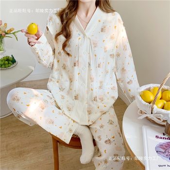 2025 Postpartum Clothing Spring and Autumn Style Gauze Pure Cotton Postpartum May and June Large Size Summer Thin Maternity Nursing Sleepwear