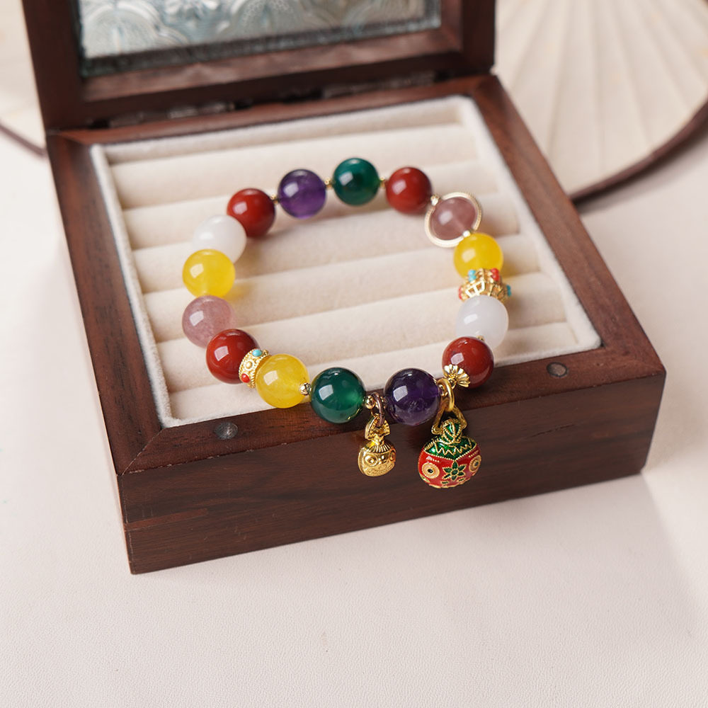 Temple-Style Beaded Multi-Treasure Gold-Swallowing Beast Bracelet with Red Agate and Smoky Quartz Handmade Beads for Attracting Wealth, Wholesale