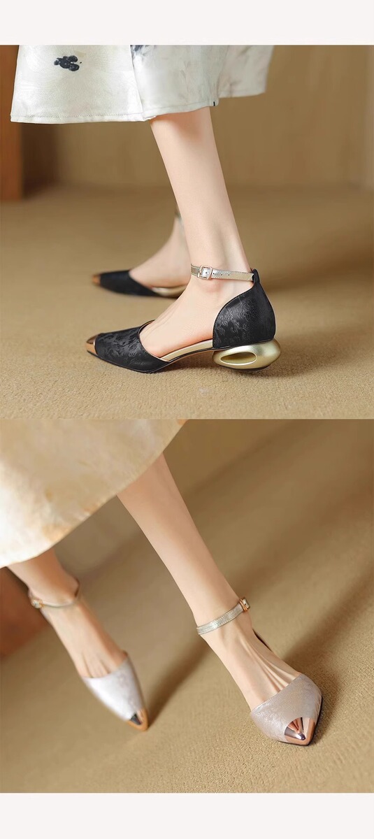 Sandal nữ quai ngang bít mũi mũi nhọn kim loại gót thô 3cm phối cùng áo dài — Màu be, màu đen, Xanh lá cây