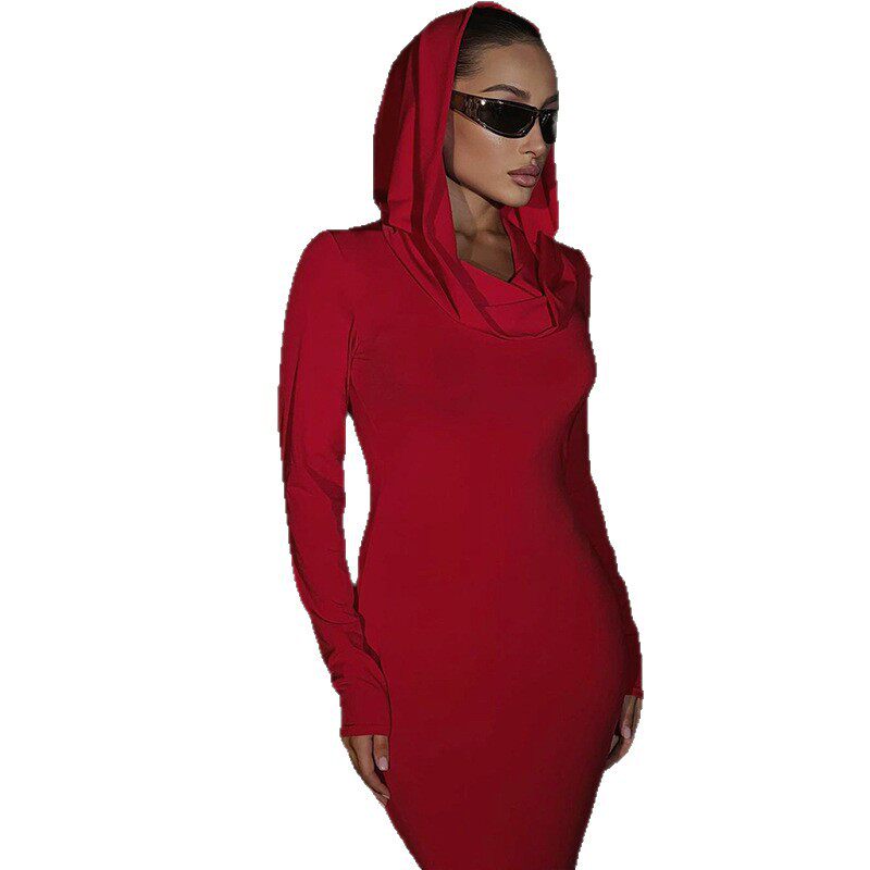 Womens Long Sleeve Hooded Dress Solid Color Elegant Style European Fashion Perfect for Parties Wholesale Available