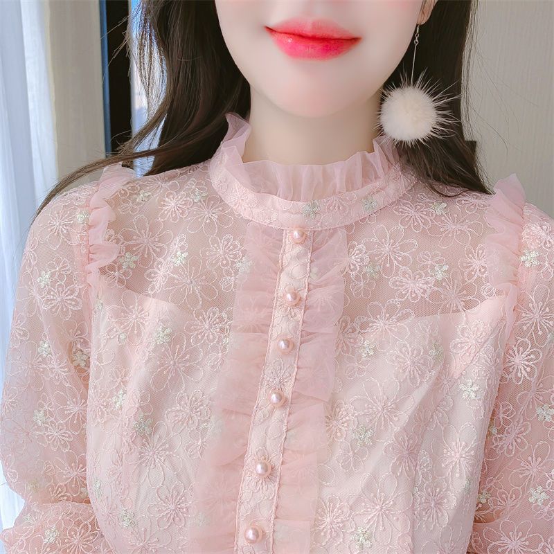 French Style Long Sleeve Midi Dress for Women Ruffle Hem Sheer Fabric Elegant Design Perfect for Spring and Autumn