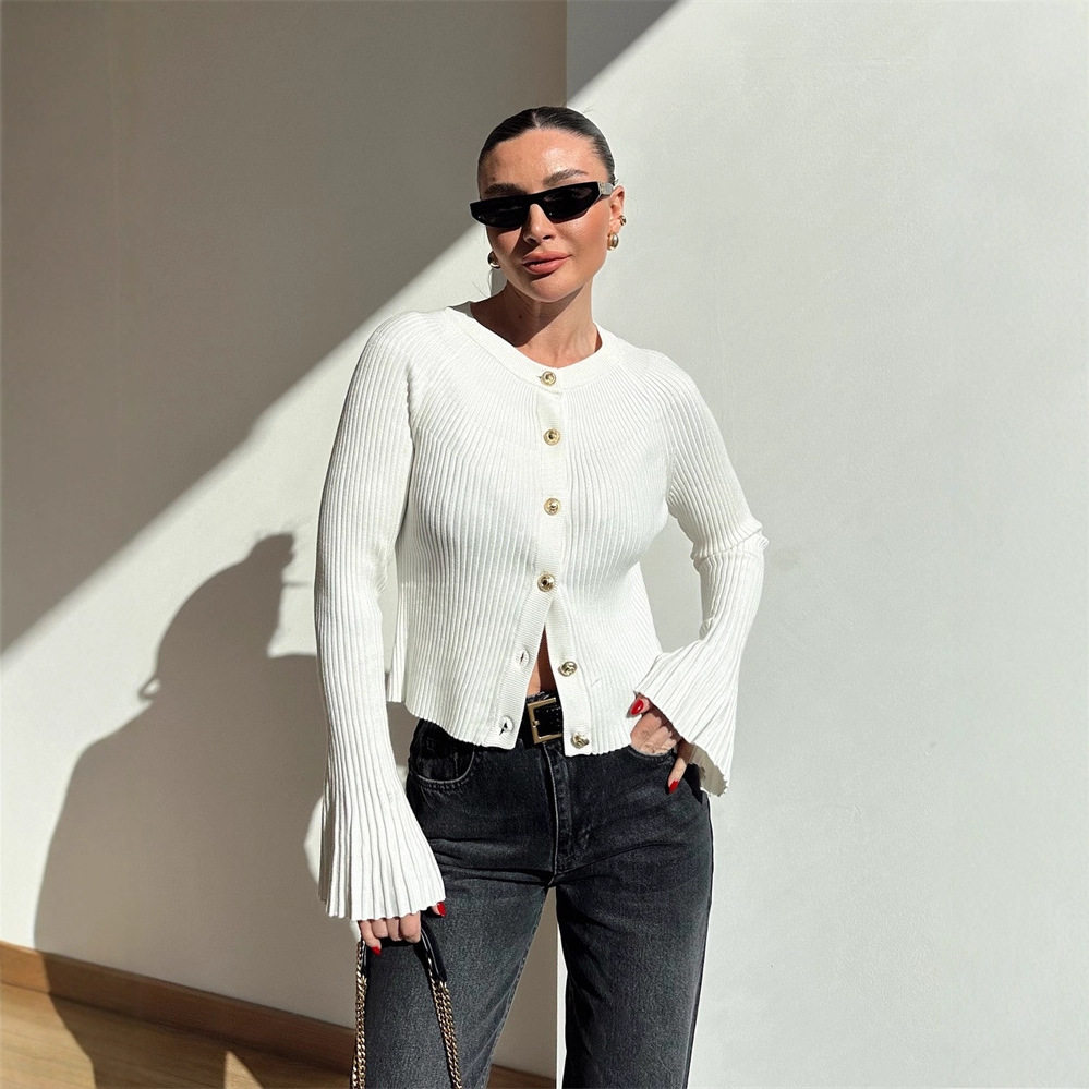 坑条长袖针织衫女纯色打底螺纹上衣单排扣跨境欧美2025秋冬针织衫