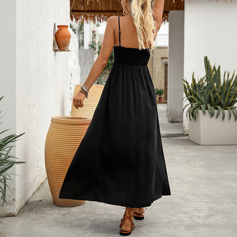 Summer Maxi Dress Sexy Floral Embroidery Spaghetti Straps Black and White Vacation Wear Wholesale Available