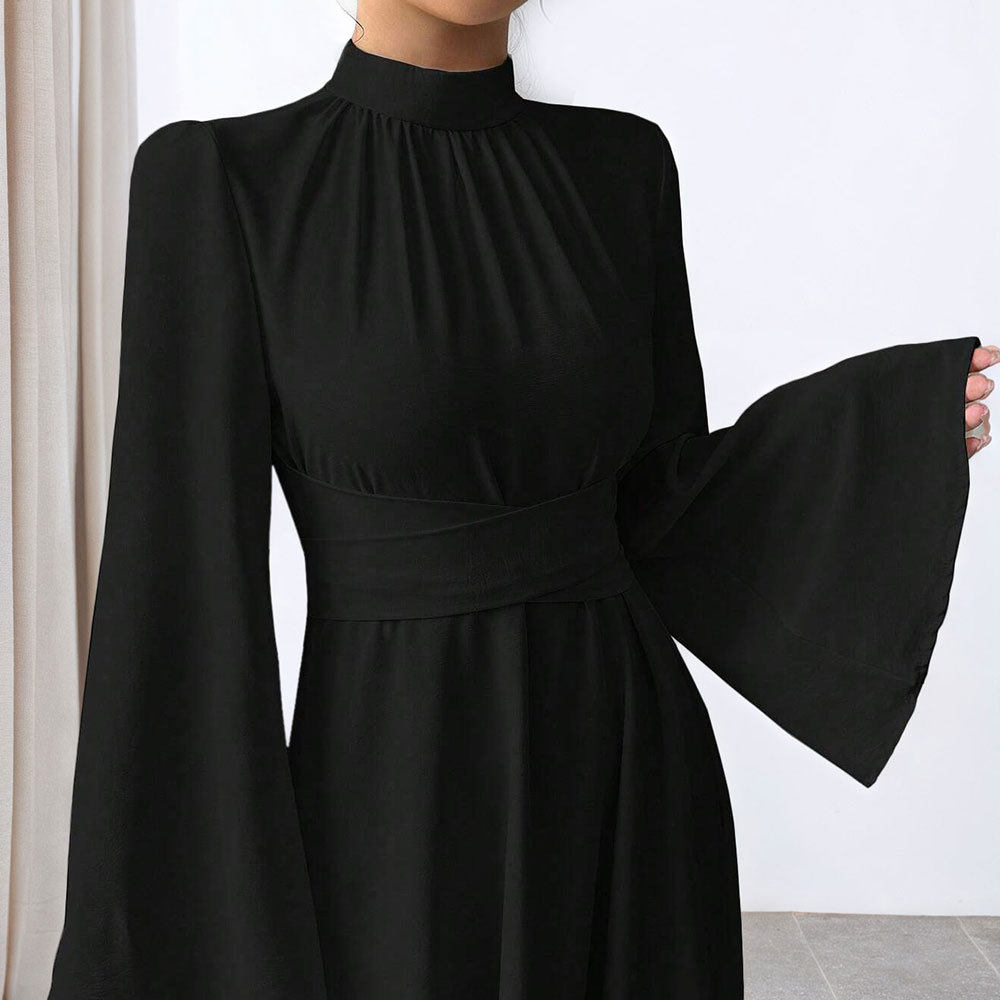 Black Long Sleeve Dress Vintage Style Waist Defining Flared Sleeves Spring Summer Occasion Wholesale Available