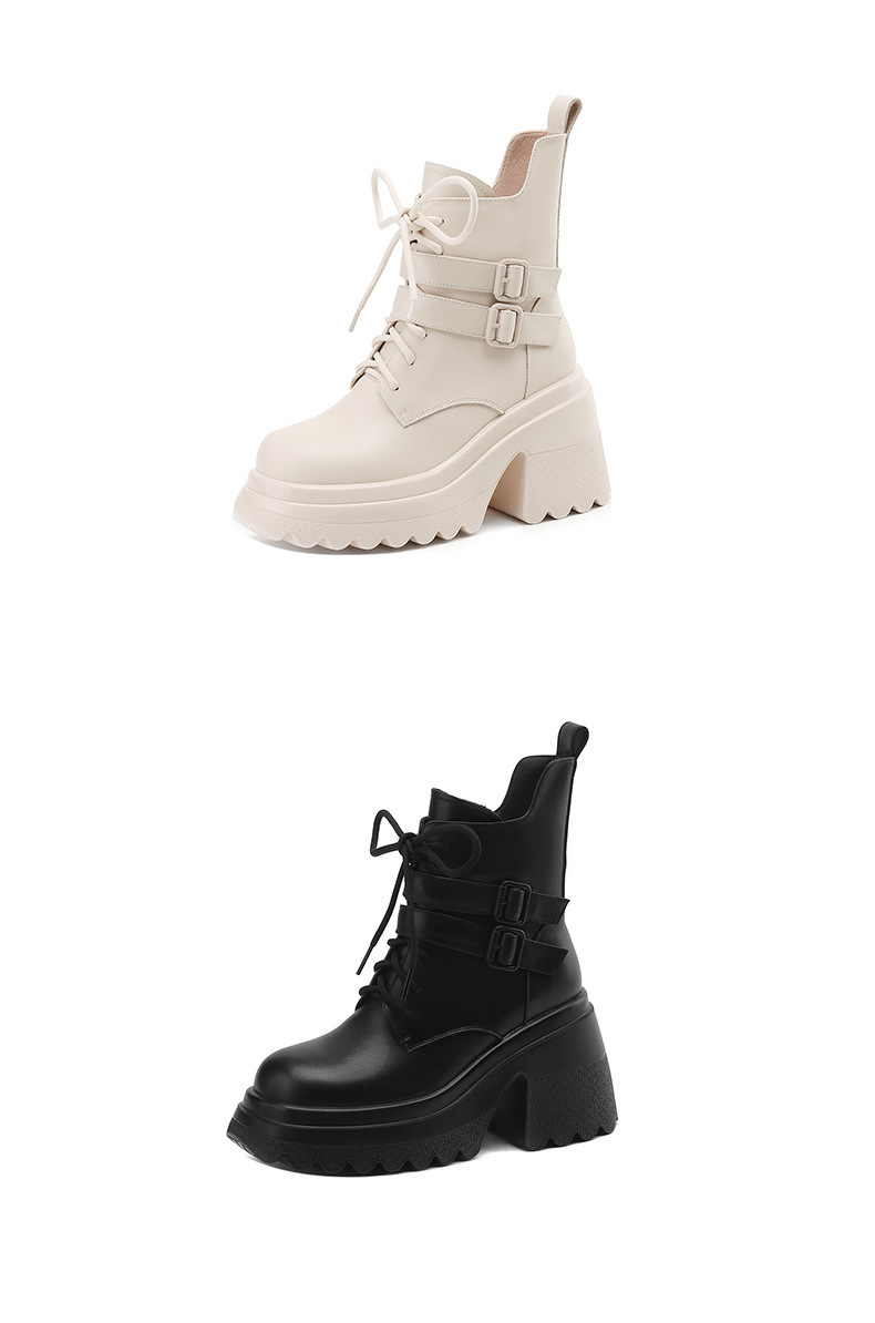 Boot nữ gót dày 10cm cổ thấp da bò thật, đế cao su chống trượt, khóa kéo bên — Lớp lót đơn màu be, Lớp lót đơn màu đen, Lớp lót nhung đen, Lớp lót nhung màu be