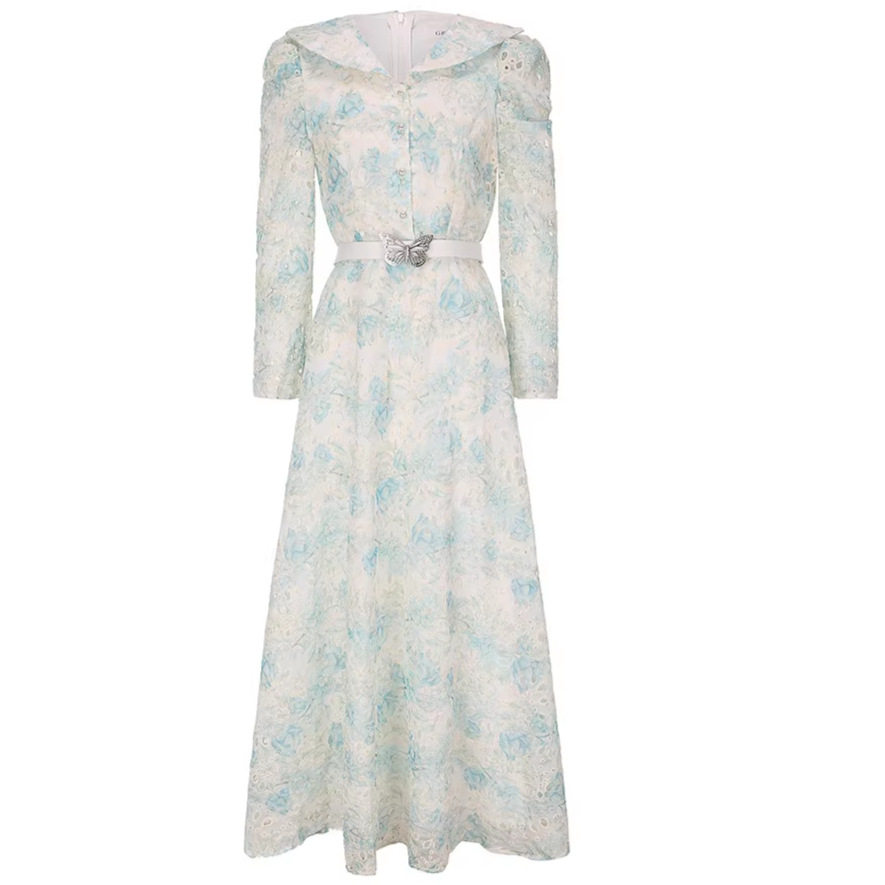 Floral Lace Long Sleeve Dress French Sweet Style Hollow Out Design Waist Defining Elegant for Spring Summer