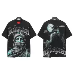 American-Style God Loose Round-Neck T-Shirt with Printed Washed Vintage Skull Design, Short-Sleeved, Featuring the Statue of Liberty, Unisex for Cross-Border Sales