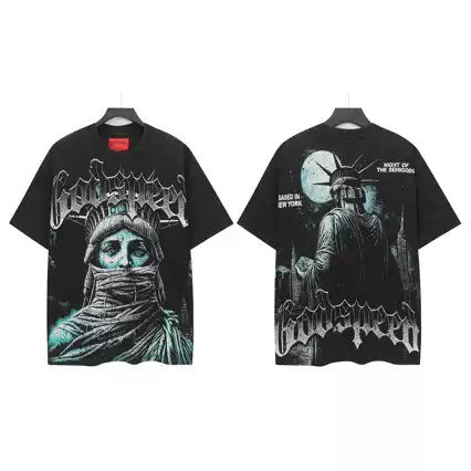 American-Style God Loose Round-Neck T-Shirt with Printed Washed Vintage Skull Design, Short-Sleeved, Featuring the Statue of Liberty, Unisex for Cross-Border Sales