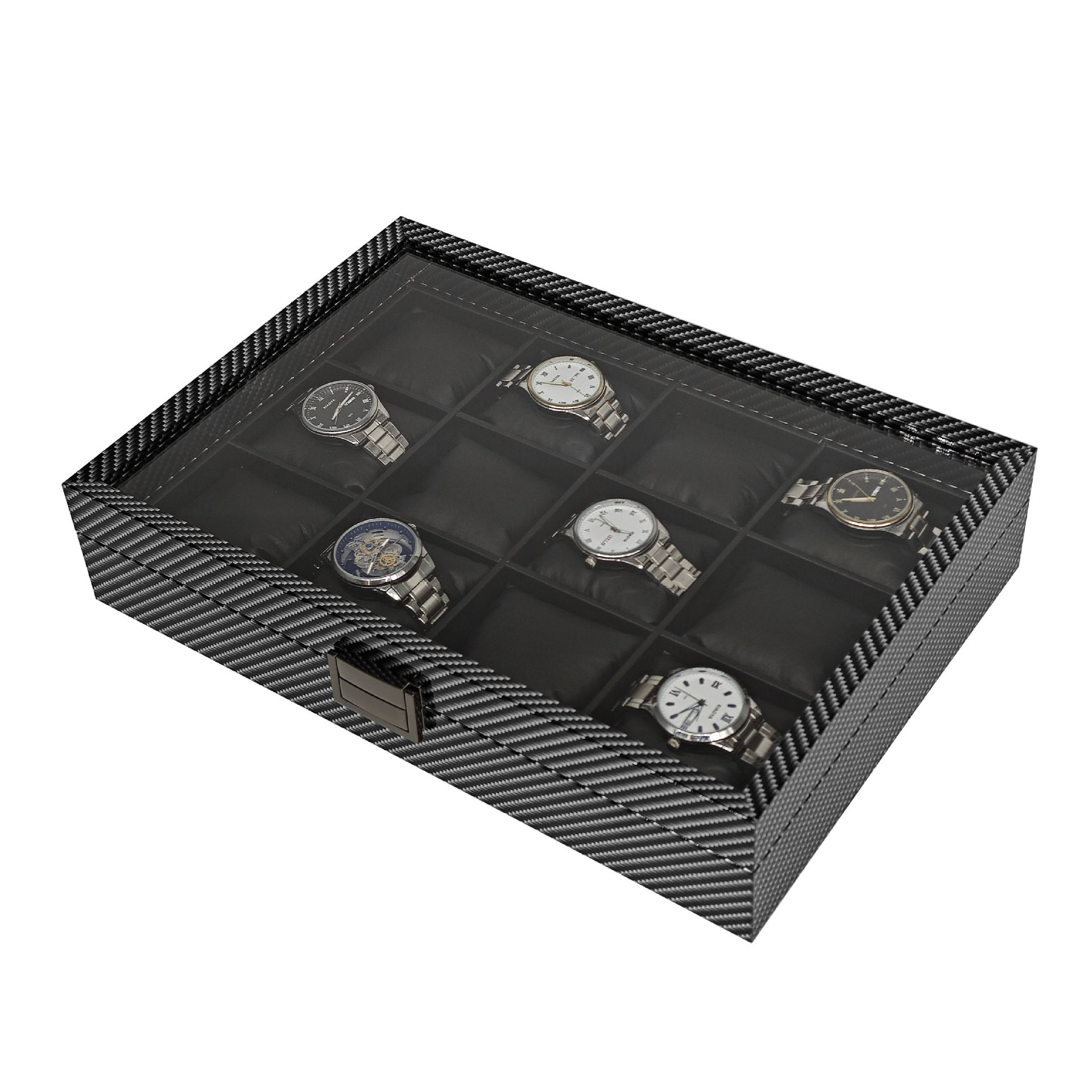 in stock wholesale carbon fiber grain wood silk cotton pillow 12 watch storage collection display box 12 watch box