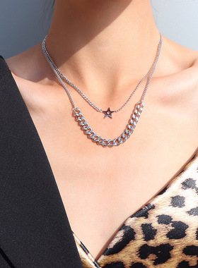 欧美necklace women粗链条吊坠双层叠戴项链女锁骨链钛钢饰品P935