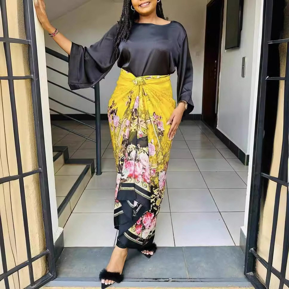 L0396 速卖通 亚马逊欧美时尚绑带印花气质连衣裙套装夏季半袖不