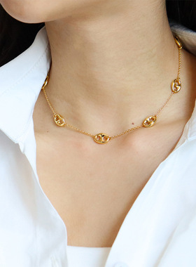 欧美复古金银色小众个性猪鼻子项链女百搭轻奢精致简约气质锁骨链