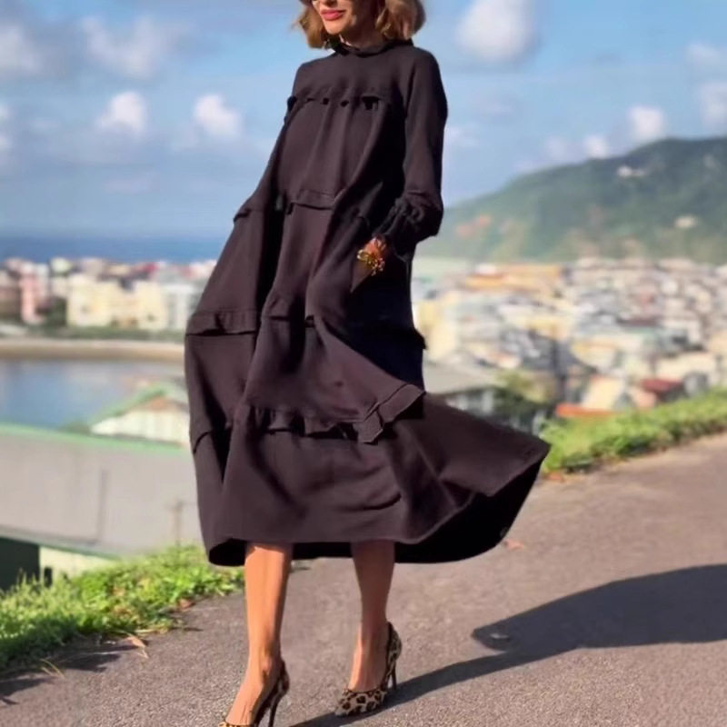 Womens Long Sleeve Color Block Ruffle Hem Dress Summer Style Casual Wear Elegant Design Wholesale Available