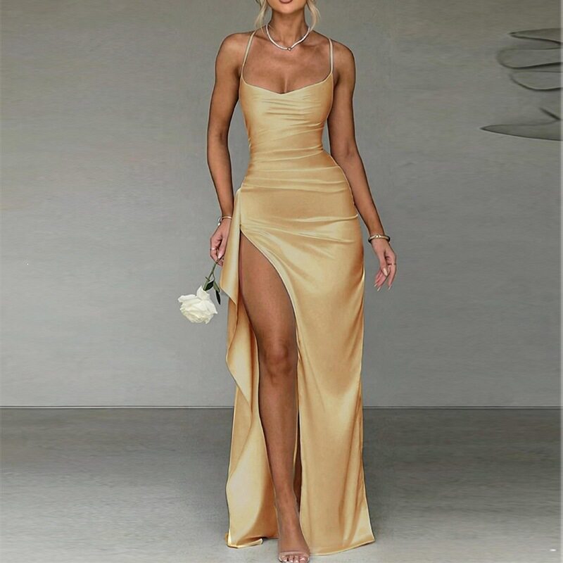 Elegant Solid Color Split Hem Cami Dress Spring Collection Fashionable Womens Apparel Wholesale Available