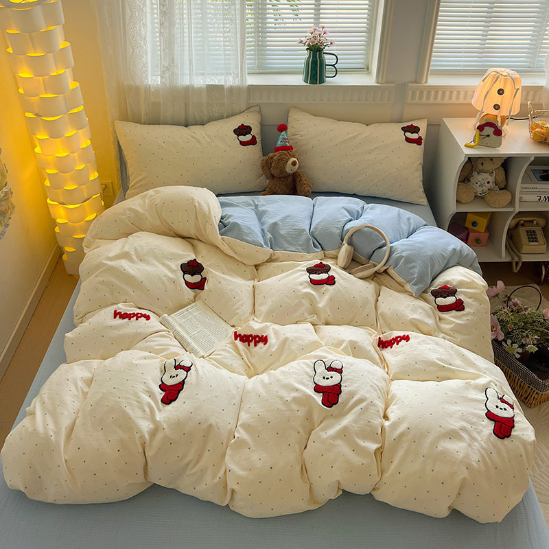 Class a Cream Korean Girly Heart Ins Towel Embroidered Washed Cotton Four-Piece Set Student Dormitory Three-Piece Set Bed Sheetss and Fitted Bed Sheetss