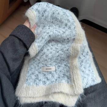 Wool Scarf for Women in Winter, High-End, Versatile and Fashionable Blue Warm Woolen Neck Scarf, K-Style Student Trend