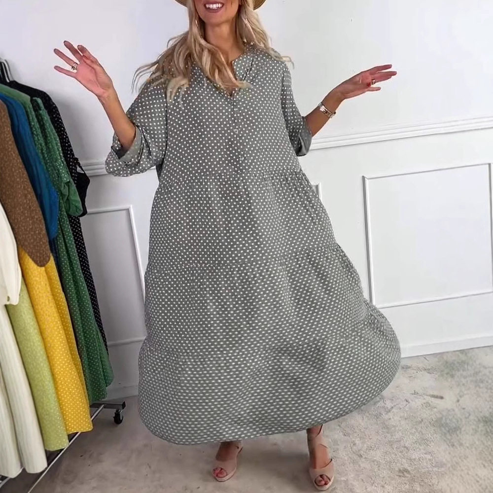 Summer Floral Print Button Up Polka Dot Dress Loose Fit Stand Collar Short Sleeve Casual Wear for Women OEM