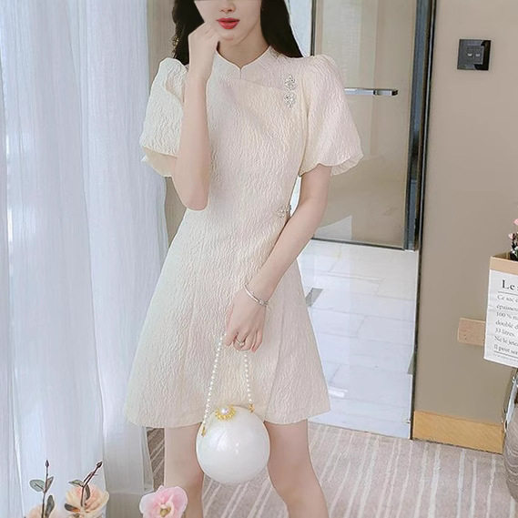 Summer French Style Modified Qipao Dress for Women Short Puff Sleeve Elegant Fit Petite Size Perfect for Casual