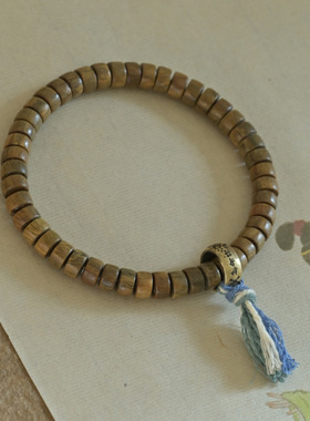 天然老桃木手镯款桶珠手串黑檀木绿檀木手链铜护身好运佛珠女款