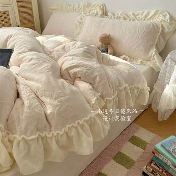 French Manor~Autumn and Winter Thickeneded Warm Milk Velvet Four-Piece Set Small Fresh Lace Quilt Cover Flannel Category a Bedding