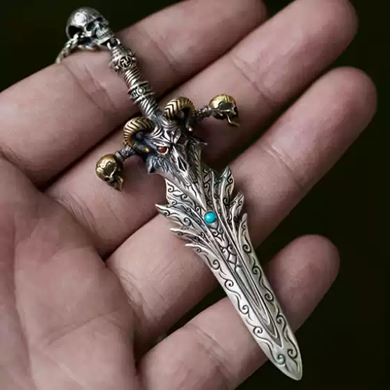 European and American explosions retro sheep skull ancient sword necklace stainless steel chain goth demon skull necklace wholesale