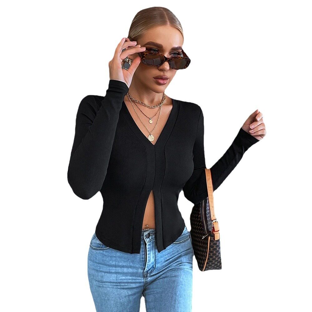 Womens Long Sleeve Cropped T Shirt Slim Fit Split Hem Elegant Style Perfect for Spring Summer Office Wear