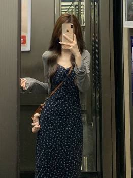 Summer 2025 New Navy Blue Floral Suspender Dress for Small People, Slimming Look and Beautiful Long Skirt Two-Piece Set