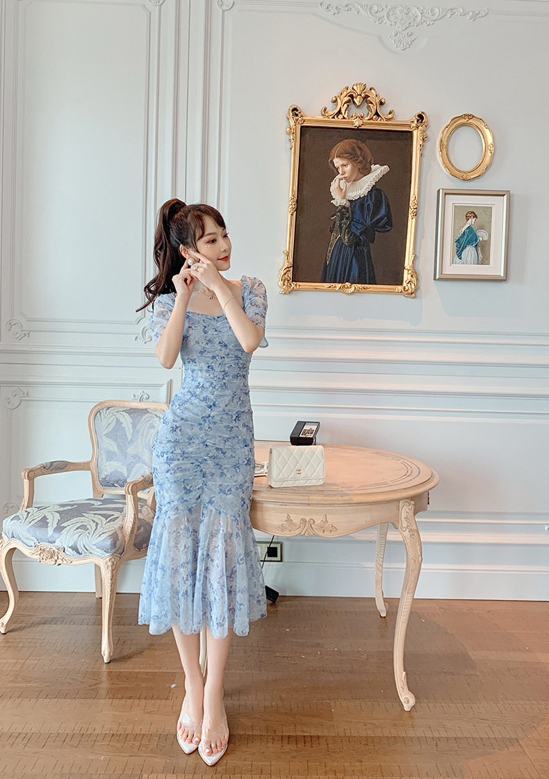 Đầm maxi nữ thắt eo cổ vuông họa tiết hoa tay bồng — [Xanh nhạt] chi tiết 14