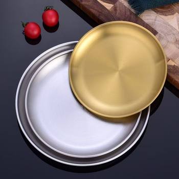 Korean-Style Stainless Steel Gold Round Plate Thickened Barbecue Plate Fruit Cake Dish Bone-Shaped Small Plate Flat Shallow Tray