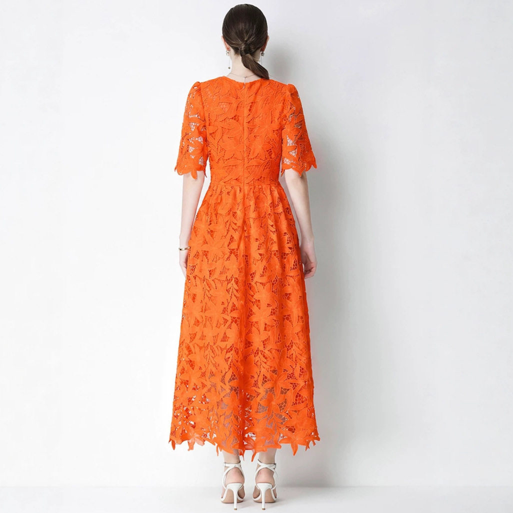 Luxury Lace Hollow Out Maxi Dress Elegant Round Neck Summer Style Perfect for Vacations Wholesale Available