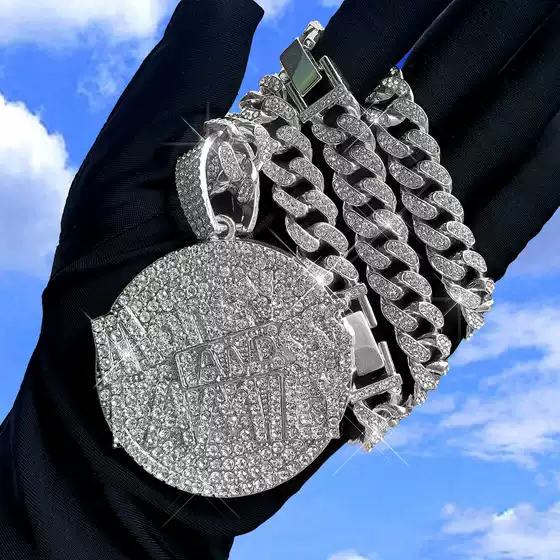 Cross-Border Popular Hip-Hop New Product Round Brand Full Diamond Alloy Necklace Fashion Hip-Hop Cuban Chain Necklace Cross-Border Exclusive Supply